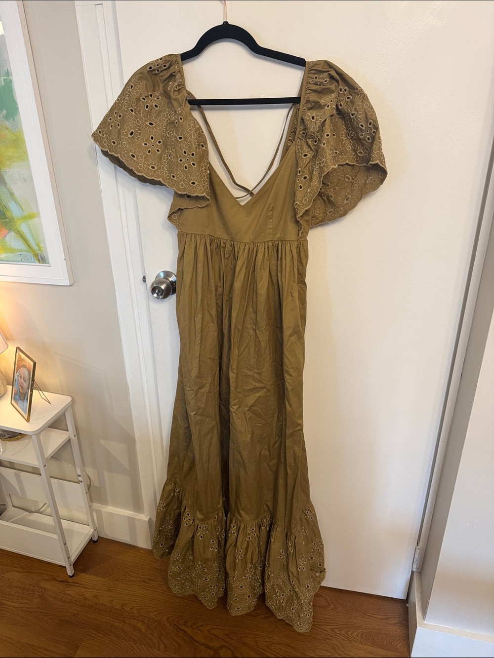En Saison Olive Eyelet Flutter-Sleeve Maxi Dress